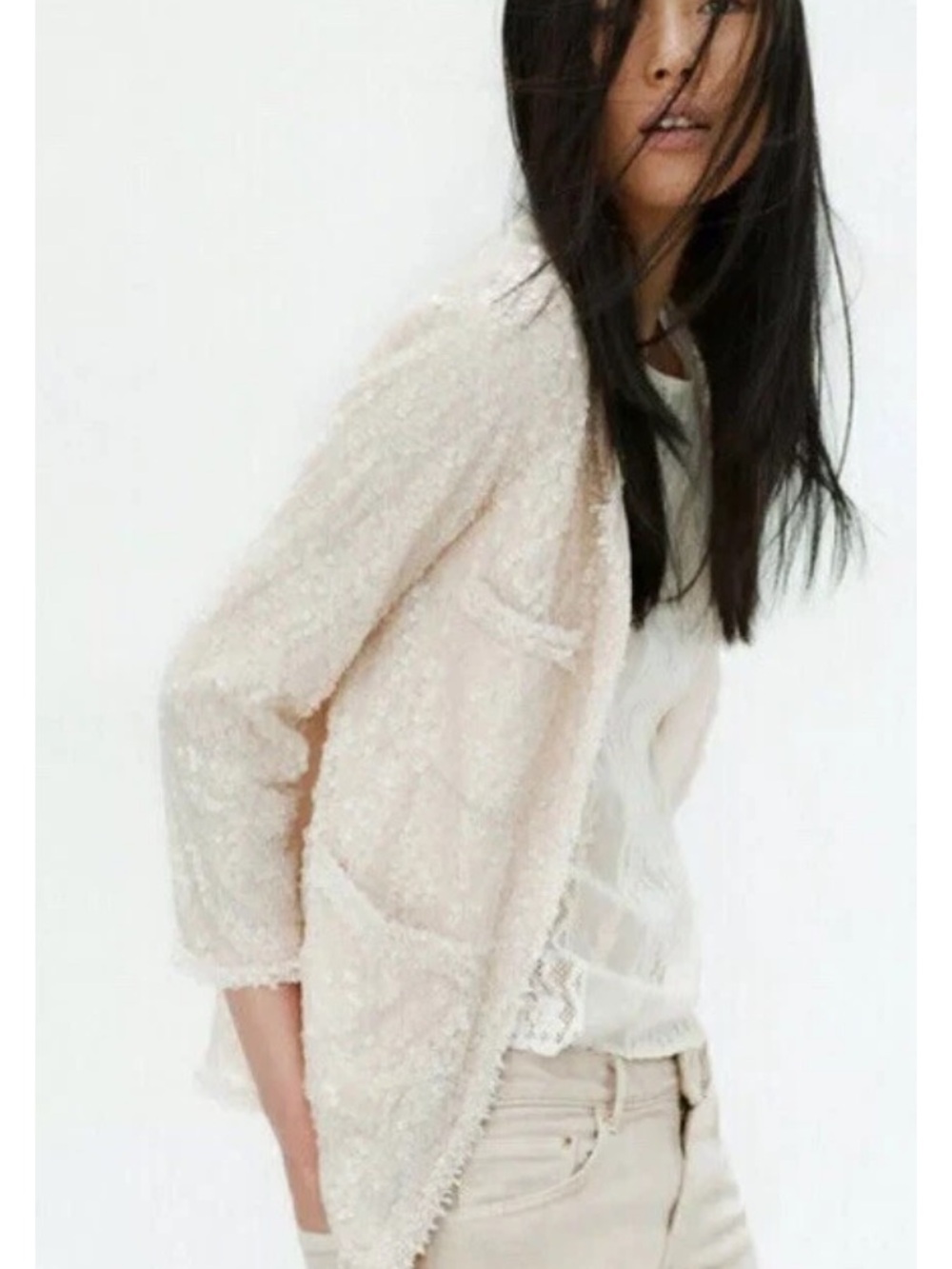 Zara Woman Cream Open Front Sequin Bouclé Blazer Jacket Size S